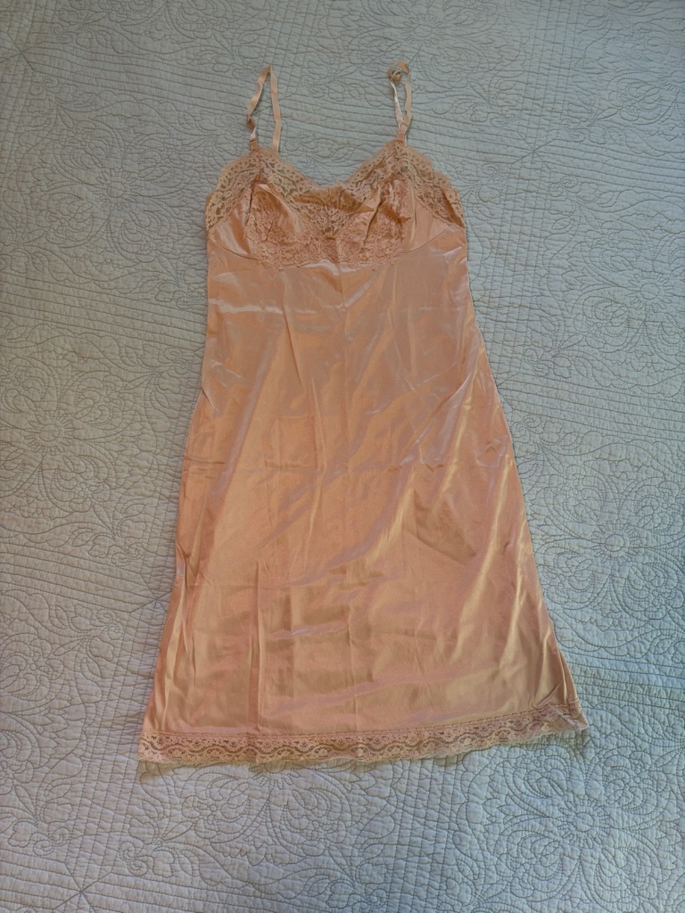 Vintage Tan Satin Lace-Trim Slip Dress